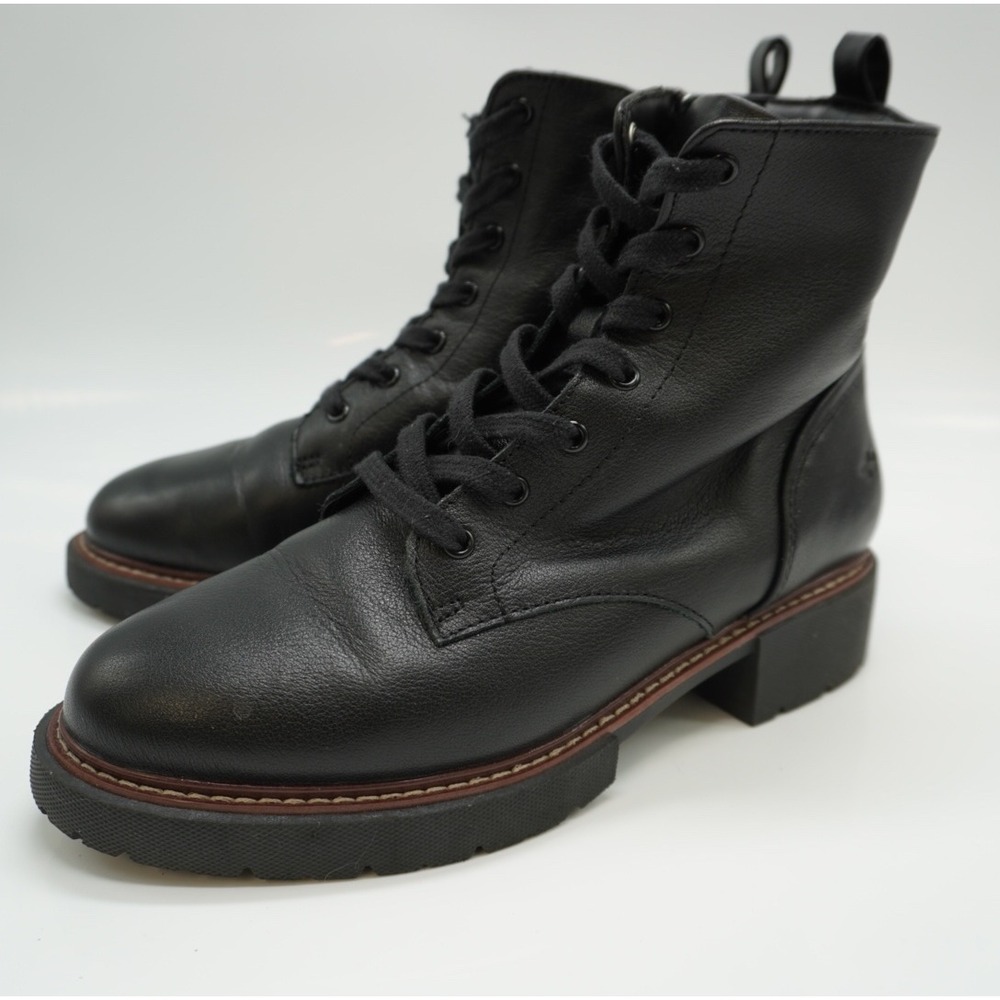 Hush Puppies Women Black Leather Combat Boots Side Zip PW-KIT Lug Sole 6M
